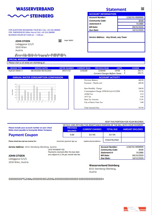 Austria Wasserverband Steinberg water utility bill